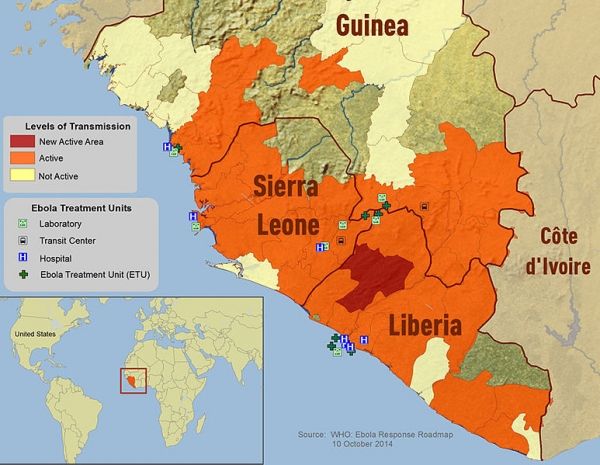 Ceci est une carte de la répartition de l'épidémie de virus Ebola en Guinée, au Libéria et en Sierra Leone à partir du 3 Octobre ici 2014.