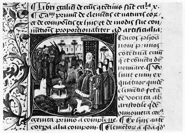 Une illustration de Galien donner une conférence sur la médecine. Une version de l'un des Galen's books has been brought back together. 