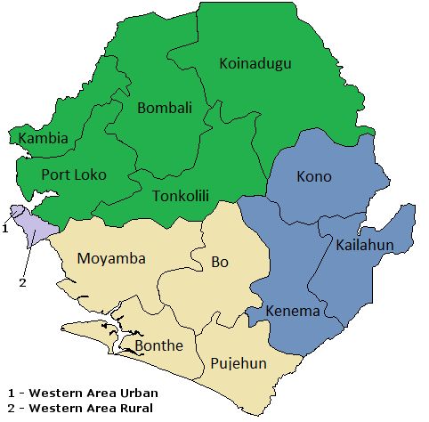 Sierra Leone's territory divided per provinces (color-coded) showing all the districts inside (with their name)