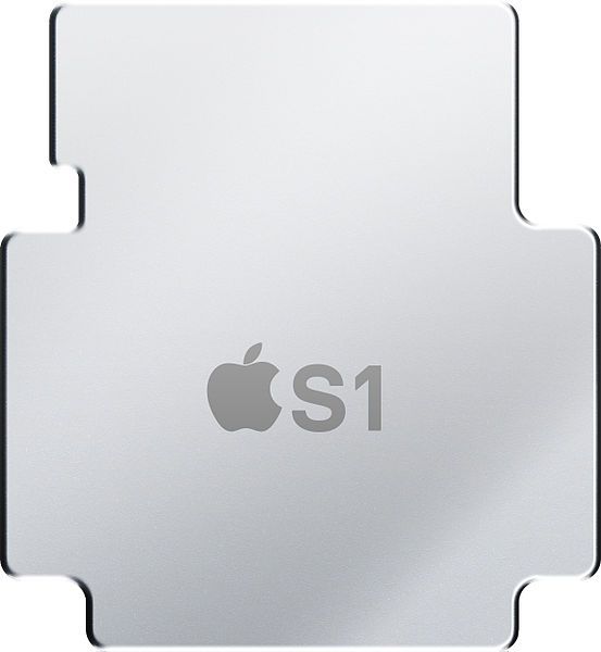 Une illustration d'Apple's A1 integrated computer for the Apple Watch with its metal heatspreader showing. Inspiration for this picture comes from Apple's promo video for the Apple Watch.